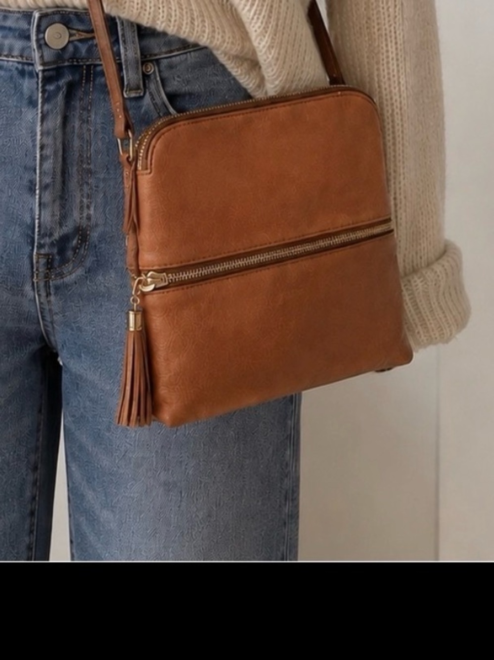 Cognac Crossbody Purse Tassel Detail Vegan Leather Bag - Picture 2 of 6